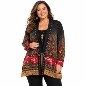 Vintage Carole Little Fringe Kimono‎ Jacket Boho Glam Floral Paisley Size 6